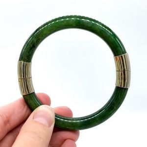 Vintage Mid Century Sterling Silver Green Jade Jadeite Bangle Bracelet 60mm